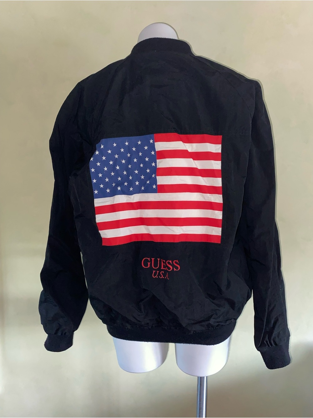 Vintage GUESS Black Bomber Jacket with Red, White & Blue Flag Back
